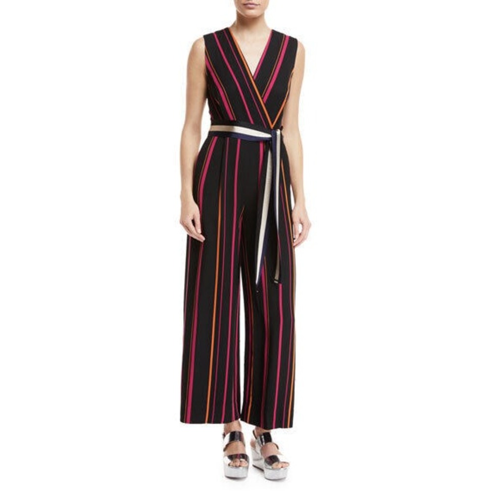 Diane Von Furstenberg Sleeveless Crossover Wide Leg Striped One-Piece Jumpsuit 0 - Picture 3 of 14